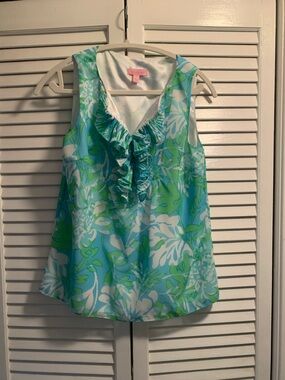 Lilly Pulitzer Sleeveless Ruffle Blouse Blue Green Floral Top Size 4
